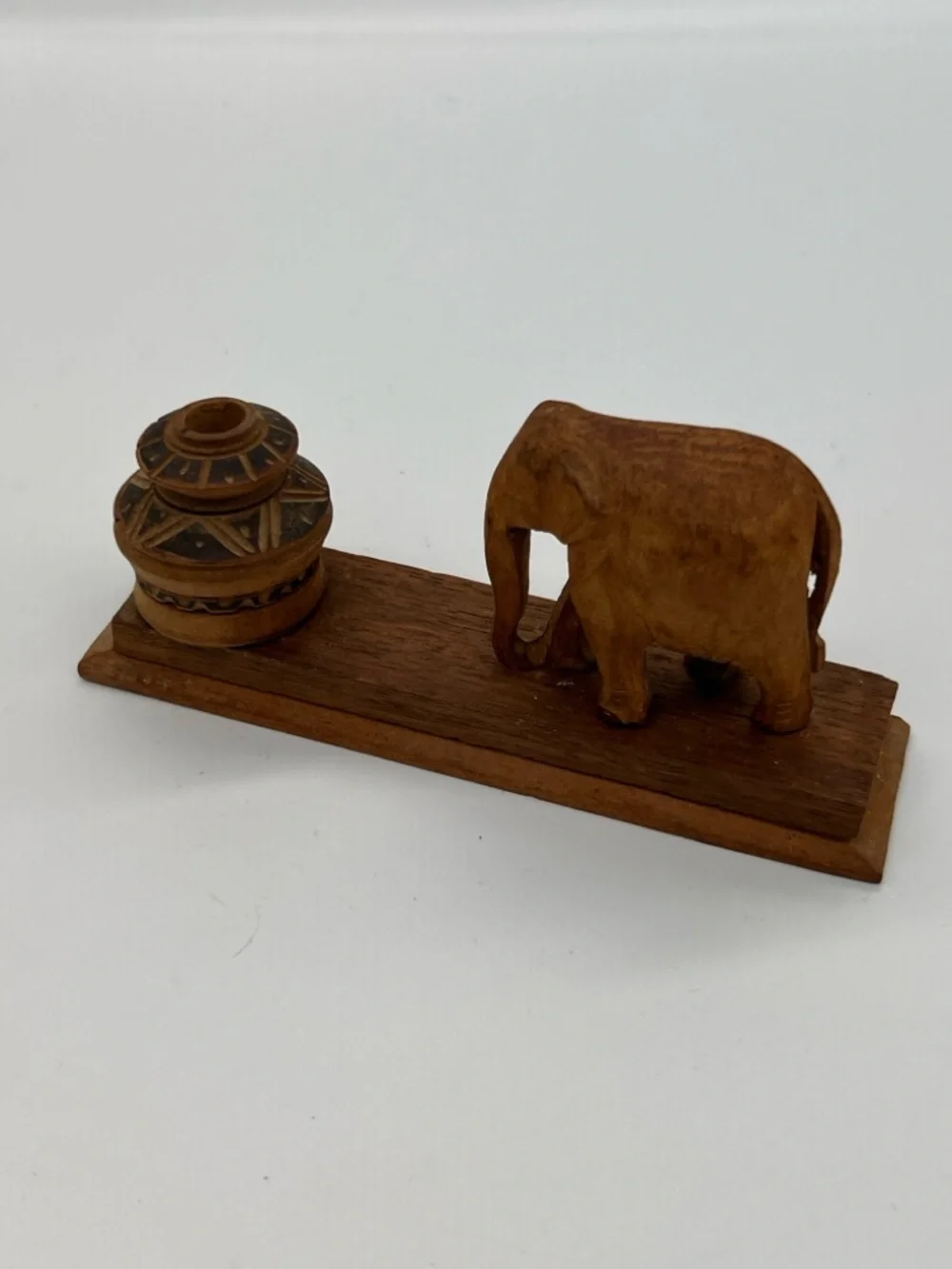 Vintage teak Hand-Carved Wooden Elephant Figurine on Base